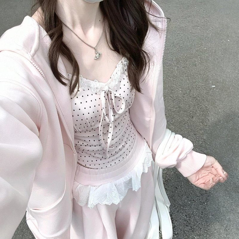 秋日学院风粉色波点高腰阔腿套装图片