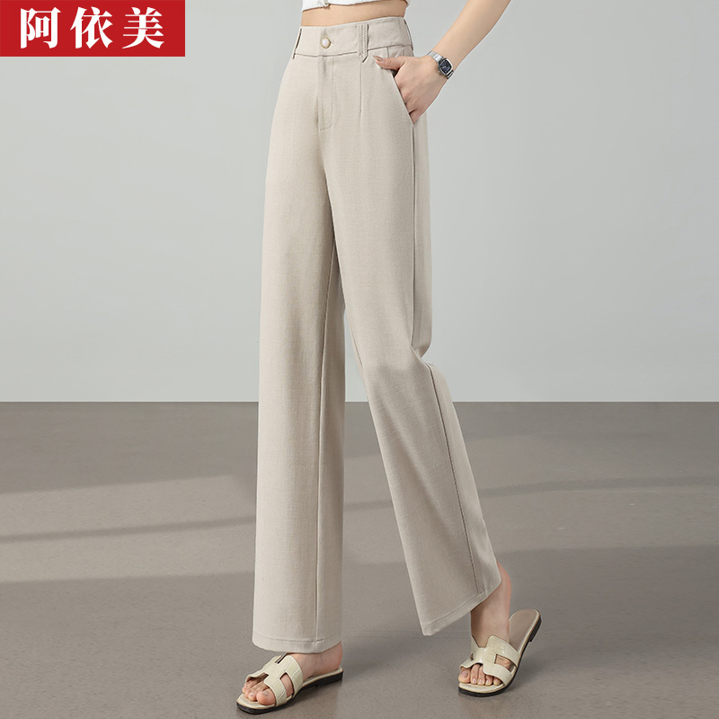 窄版天丝亚麻阔腿裤女薄2025夏季新款高腰宽松大码直筒休闲长裤子