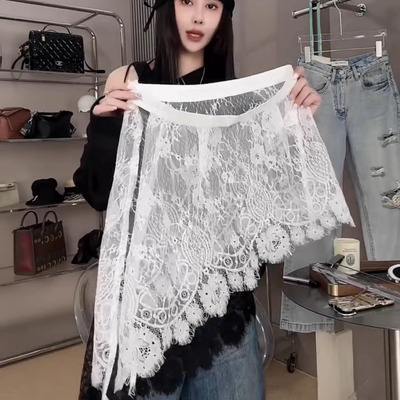 韩国蕾丝屁帘女秋冬2025新款不规则叠穿围裙下摆裙帘白色半身裙