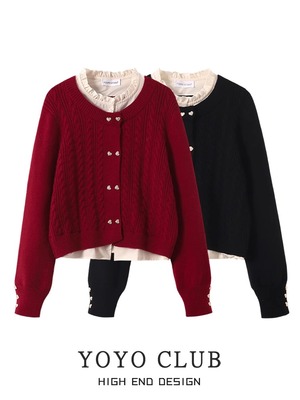 YOYO CLUB大码女装高级感新年红色毛衣冬季小众拼接假两件针织衫
