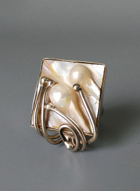 欧美风设计师作品天然珍珠银戒指