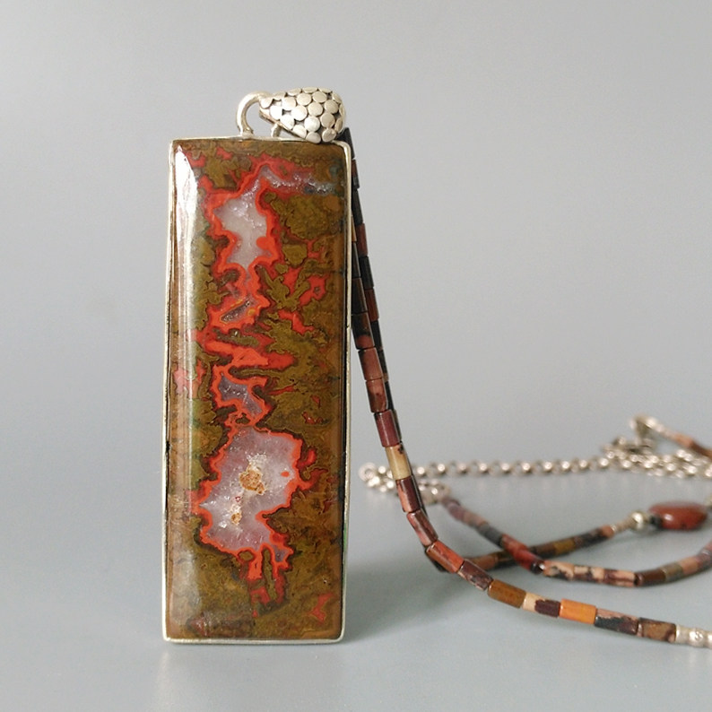 INS欧美925纯银挂坠南红美国红碧玉宝石玛瑙长方形吊坠毛衣链男女