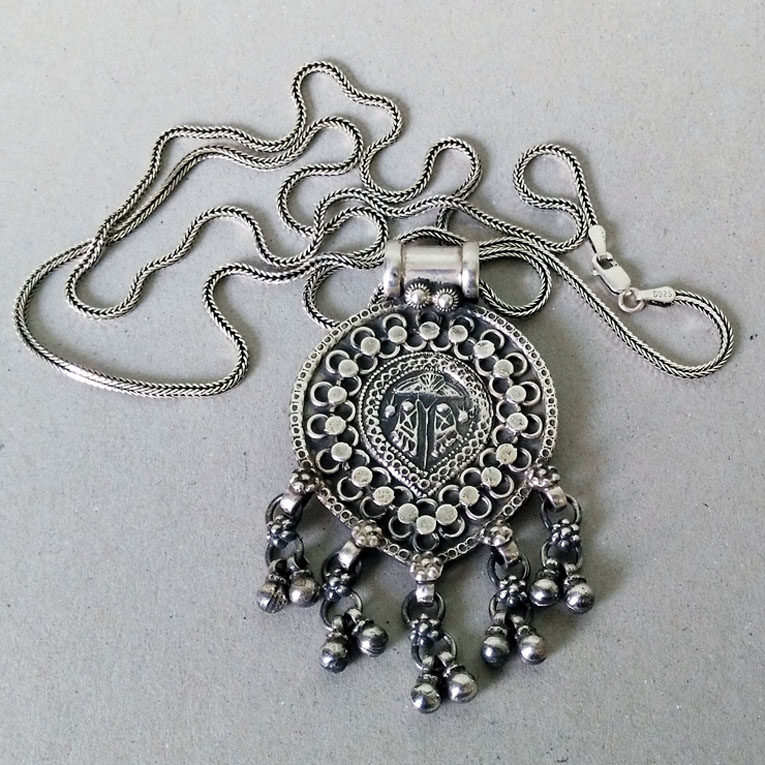 现货波西米亚民族风925纯银挂饰特色复古铃铛流苏银吊坠长项链女