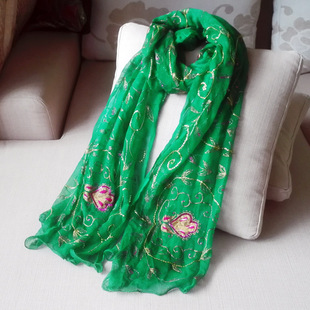 静雅嫣然*波西米亚刺绣民族风绿色雪纺长方形花卉沙丽丝巾披肩女