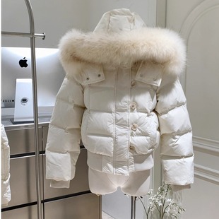 白色短款棉服外套女冬季新款法式高级感大毛领连帽小个子修身棉衣
