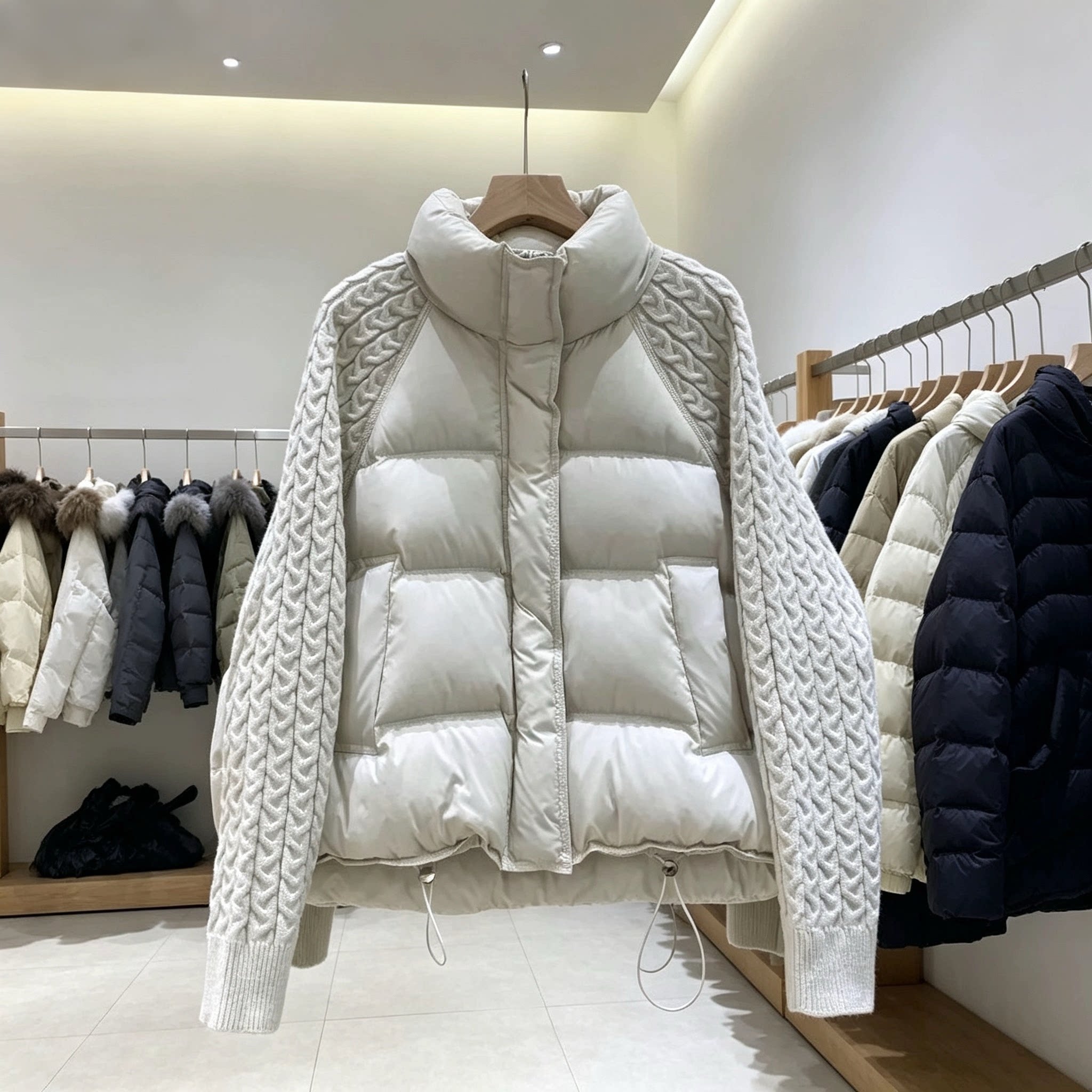高档女装针织拼接棉服外套女洋派显瘦设计感毛衣韩系减龄开衫加厚