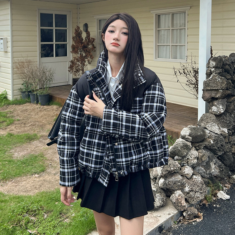 设计感撞色格子羽绒服女2025冬季新款韩版小个子面包服棉袄外套