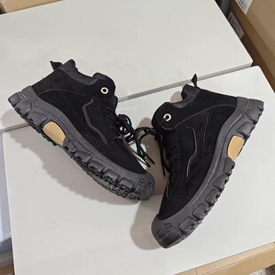 出外单2026春季男士高帮休闲鞋黑色系带耐磨户外防滑厚底运动鞋潮