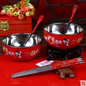 结婚用品大全喜碗对碗套装中式不锈钢情侣红碗筷夫妻碗回礼子孙碗