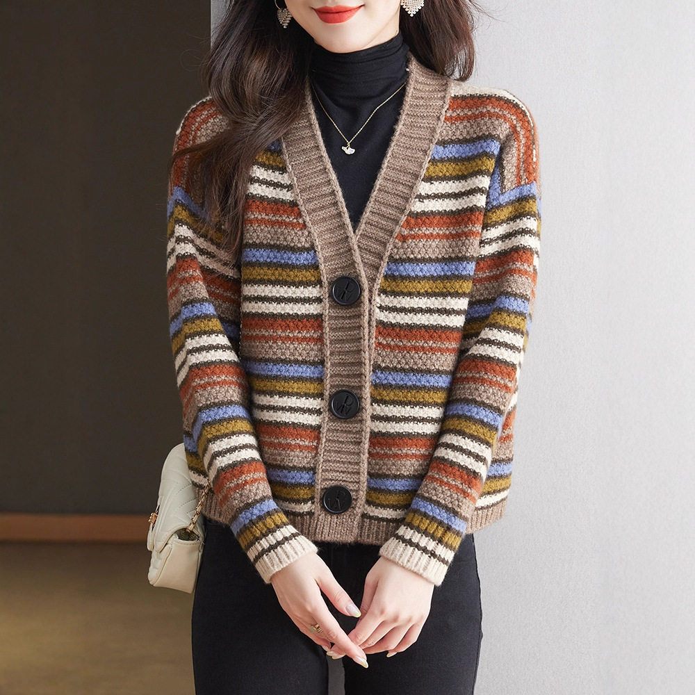 复古撞色条纹针织开衫女秋大扣子
