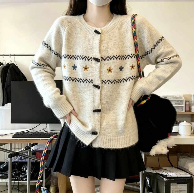 民族风牛角扣针织开衫女秋季提花