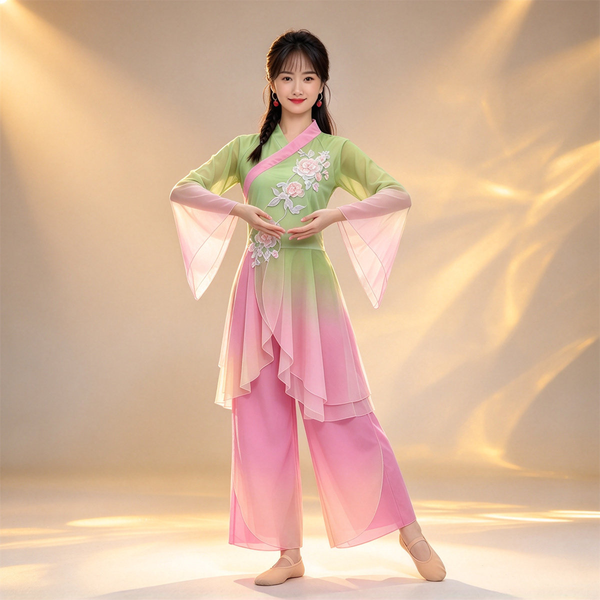 桃花谣琵琶曲中国风刺绣渐变舞蹈服女古典秧歌演出服装长袖舞台装