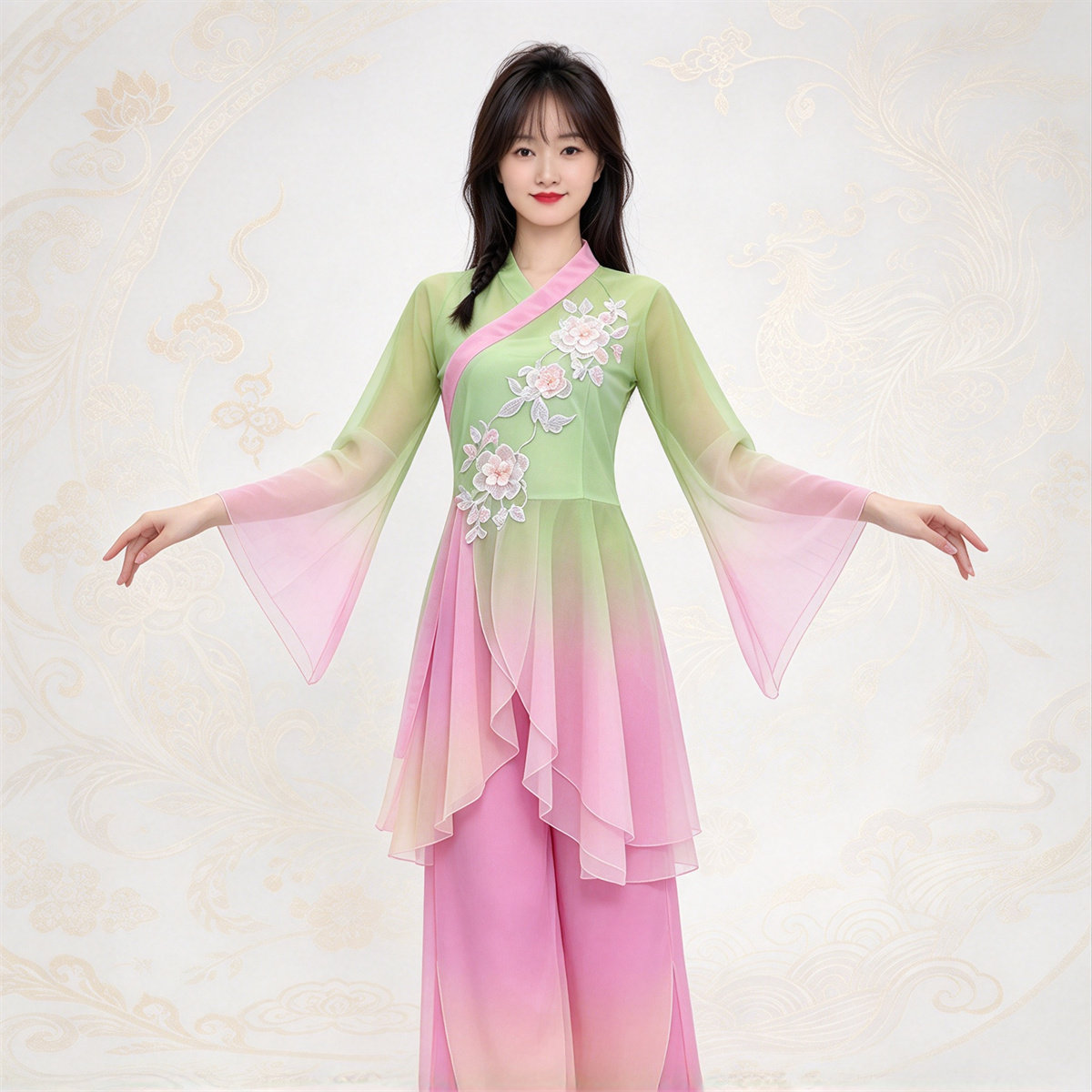 桃花夭琵琶曲中国风刺绣渐变舞蹈服女古典秧歌演出服装长袖舞台装