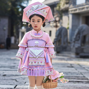 吉量弥渡山歌少数民族女童舞服装粉色刺绣流苏壮族苗族三月三盛装