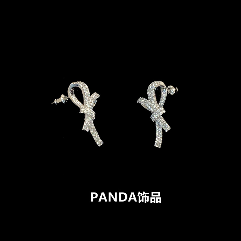 PANDA饰品 小众设计满钻蝴蝶结耳环不规则奢华简约925银针耳钉女