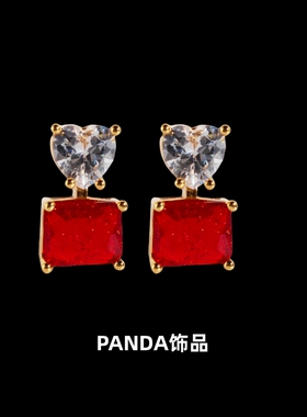 PANDA饰品 欧美喜庆爱心锆石红色方形爆花黄铜925银针耳钉耳环女