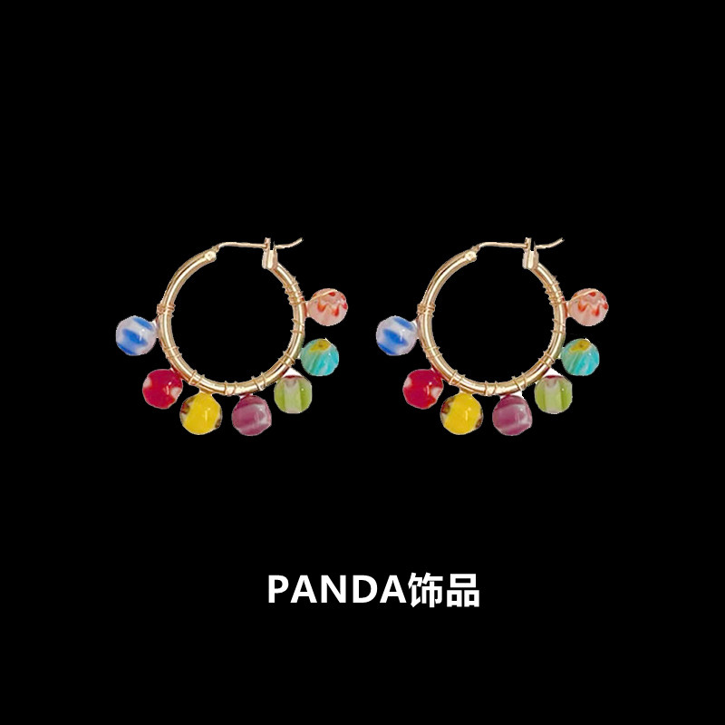 PANDA饰品 夏季糖果色琉璃串珠耳环ins小众复古编织彩色黄铜耳饰