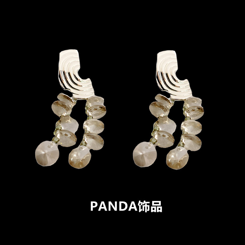 PANDA饰品 小众轻奢灰串珠灰水晶罗盘纹长款流苏925银针耳钉耳环
