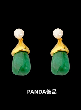 PANDA饰品 欧美设计师款sophie复古绿色茄子黄铜925银针耳钉耳环