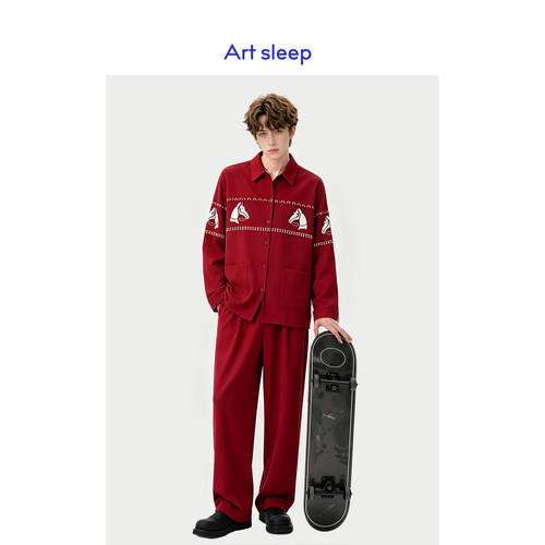 Art sleep「白马国风」睡衣男款春秋季长袖新中式红色时尚可外穿