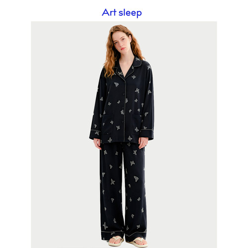 Art sleep「蝴蝶漫舞」睡衣女春秋季长袖柔软棉黑色可外穿家居服