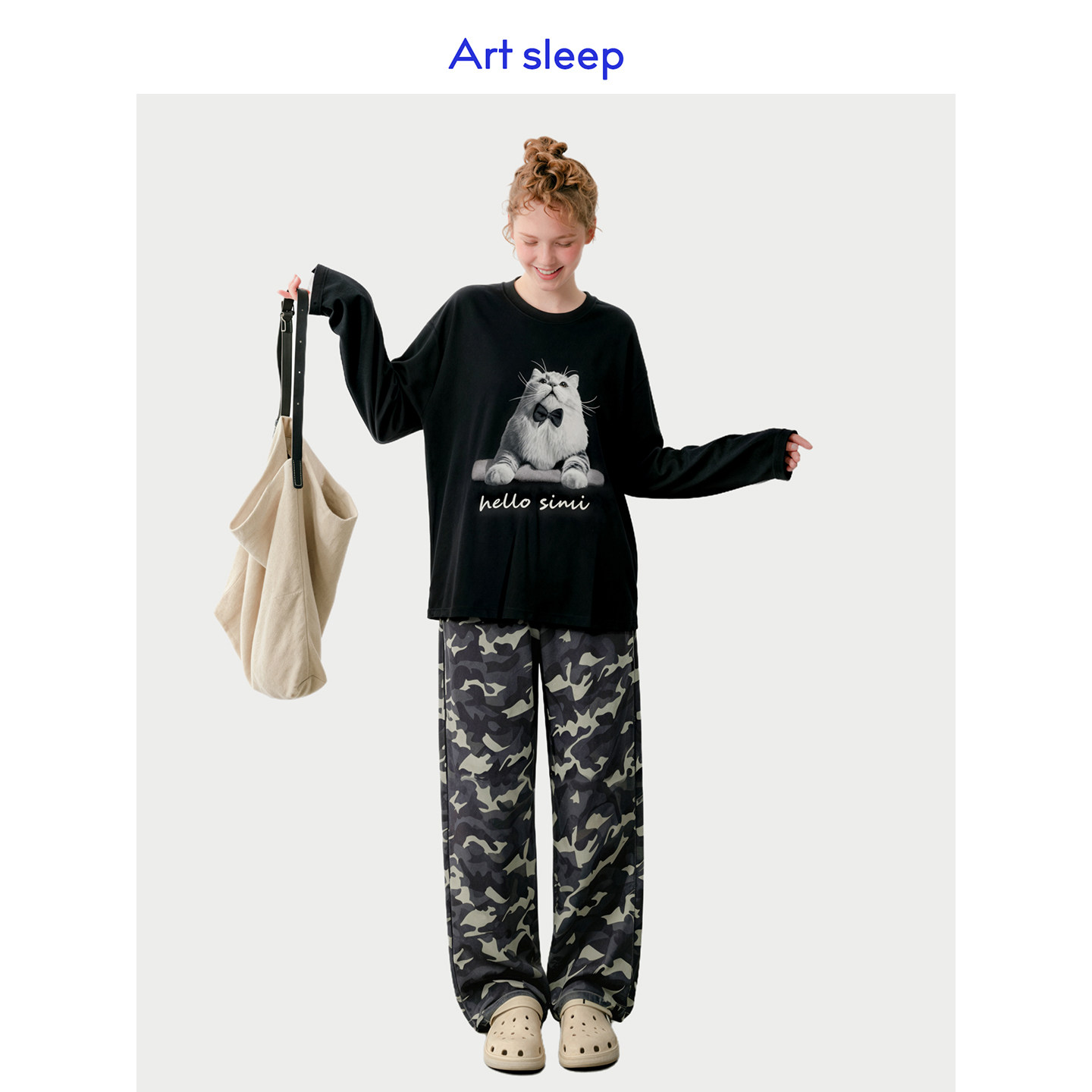 Art sleep「潮酷猫咪」睡衣女秋季长袖艺术感松弛阔腿迷彩裤套装