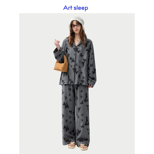 Art sleep「水墨蝴蝶」带胸垫睡衣女春秋季柔软棉长袖松弛可外穿