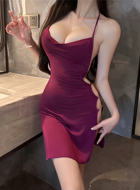 性感纯欲挂脖荡领镂空露背修身吊带裙御姐夜店风睡裙制服晴趣qqny