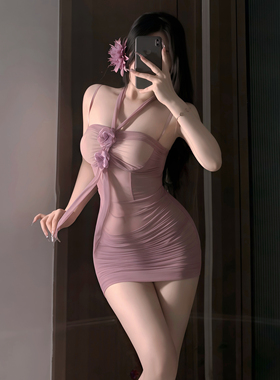 性感纯欲网纱透视玫瑰紧身包臀裙御姐情侣约会制服睡裙晴趣qqny