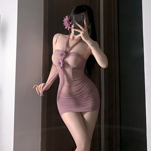 性感纯欲网纱透视玫瑰紧身包臀裙御姐情侣约会制服睡裙晴趣qqny