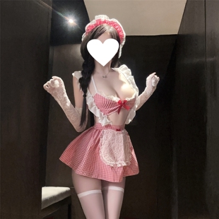 性感纯欲红白格蕾丝花边可爱女仆裙cos角色扮演女佣制服晴趣qqny