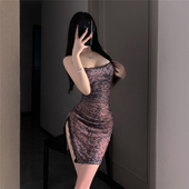 性感纯欲粉豹纹蕾丝开衩荡领包臀吊带裙御姐情侣约会制服晴趣qqny