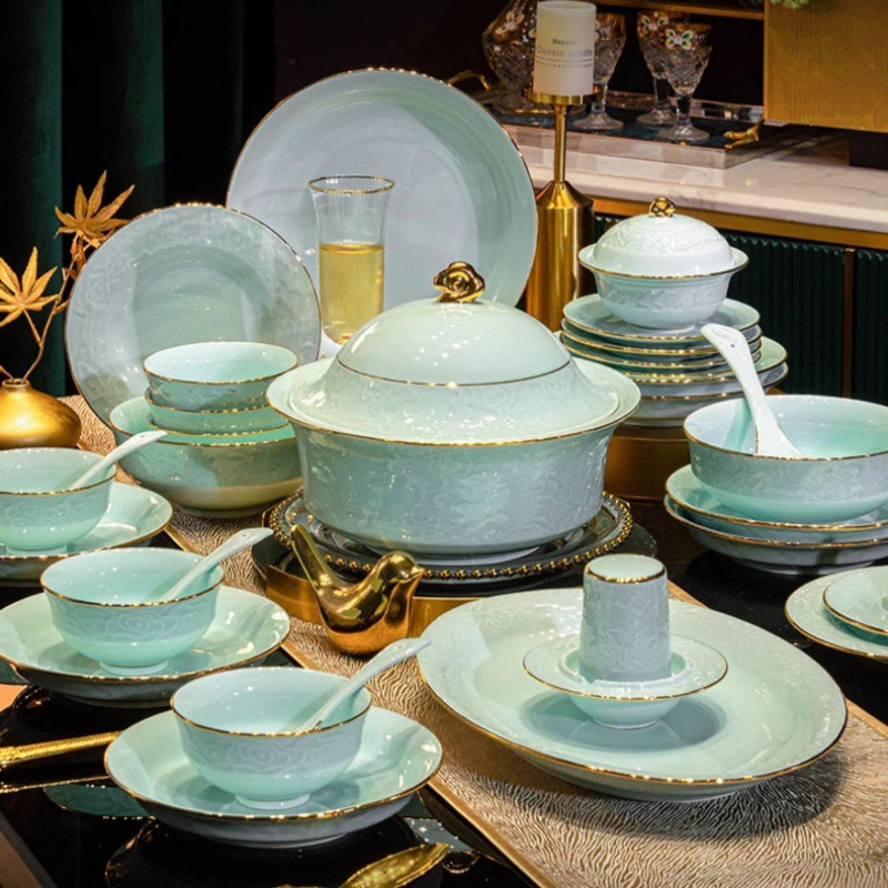 金风玉露景德镇青瓷餐具套装轻奢描金高级感碗碟套装家用组合碗盘