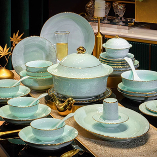 金风玉露景德镇青瓷餐具套装轻奢描金高级感碗碟套装家用组合碗盘