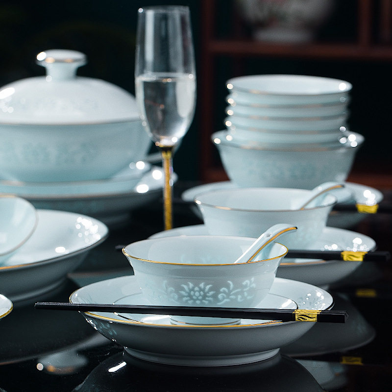 2022新款 景德镇中式碗碟家用 全套高档金边青瓷玲珑餐具套装碗盘