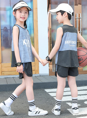 儿童印花运动背心套装夏季网眼男童女童无袖短裤两件套透气干 批