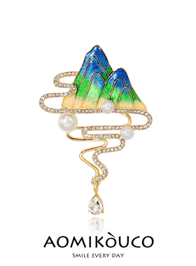 新中式千里江河图胸针设计感小众轻奢旗袍汉服防走光珍珠别针配饰