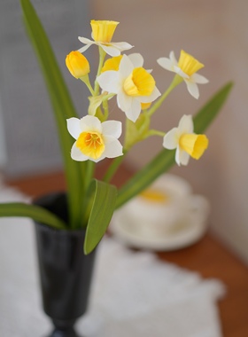 cosa带叶2杈仿真玲珑水仙花茶台新中式空间摆设花艺摆件插花装饰