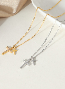大小双十字架项链女钛钢不掉色洗澡不用摘法式满钻十字锁骨链颈链