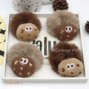 可爱曲奇毛绒发圈秋冬奶咖色系发饰超萌毛茸茸软糯糯饼干头绳发绳