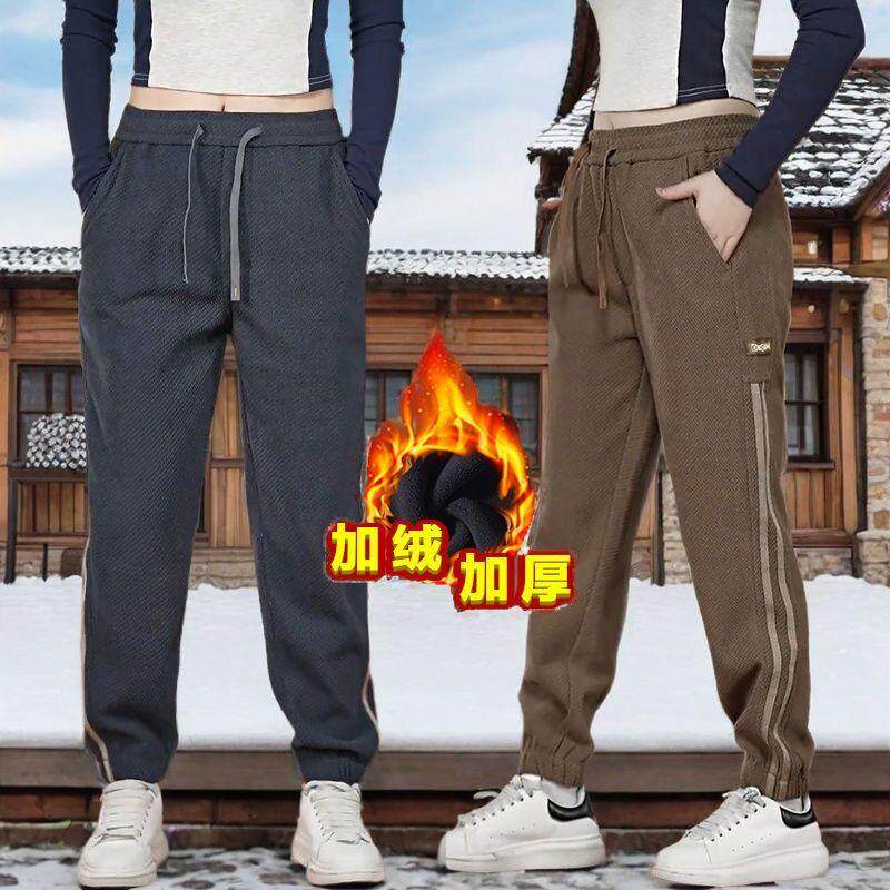 美式条纹男士休闲裤秋冬季加绒加厚束脚裤宽松百搭条纹拼接卫裤潮
