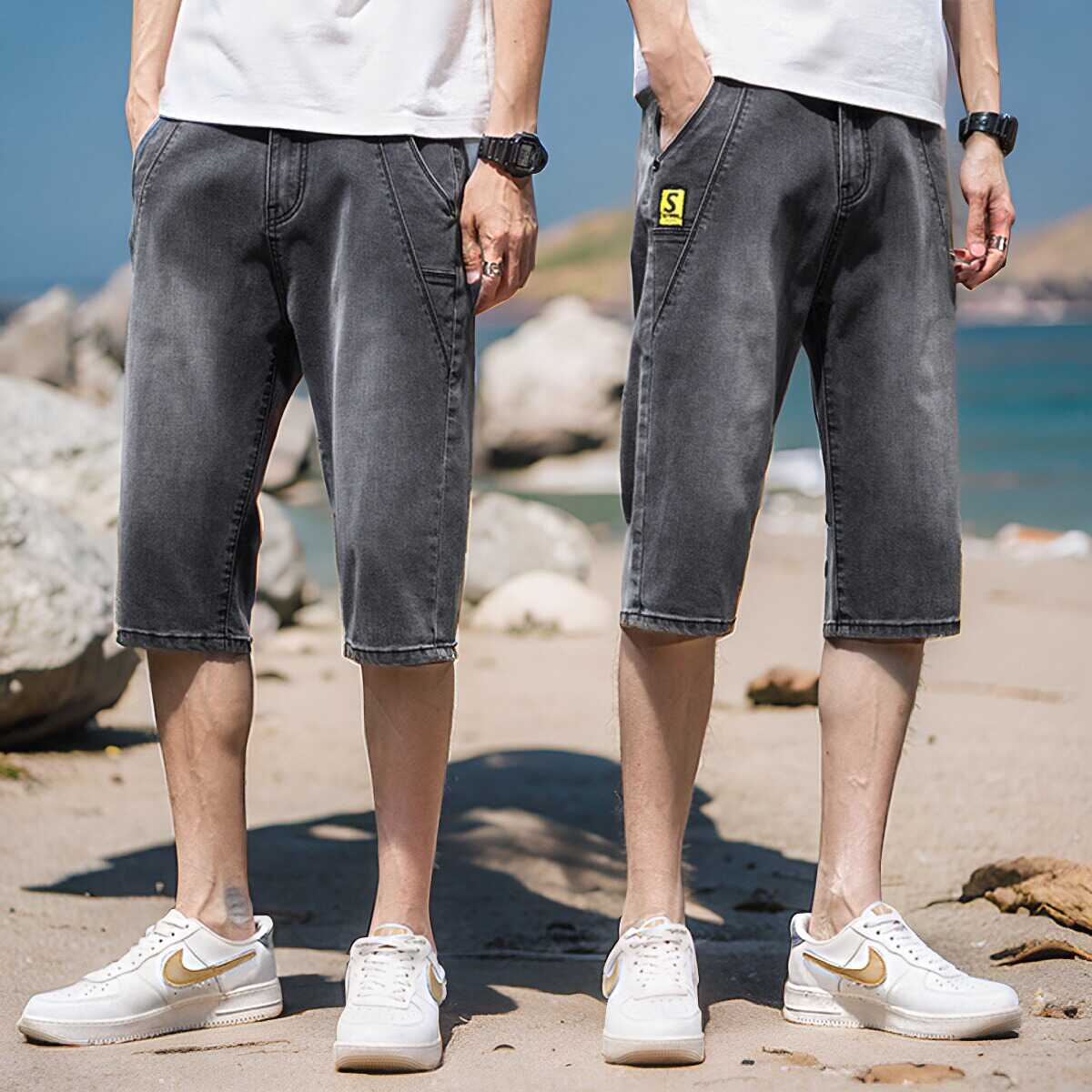 夏季薄款牛仔短裤男士复古潮流夏天七分裤韩版简约百搭直筒休闲裤