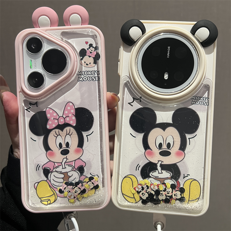 适用华为mate70pro+手机壳新款立体耳朵卡通奶茶米奇米妮Mate60pro流沙解压包pura70pro挂绳全包防摔