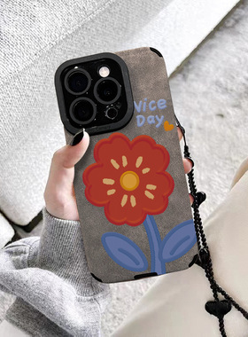 适用于iphone16pro手机壳新款翻毛皮小红花苹果17promax镜头全包15plus硅胶外壳贴皮灰色防摔14/13通用挂绳