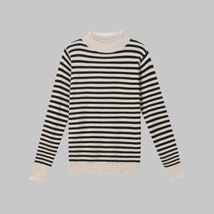 冬日序曲大洪官方自营店秋冬百搭条纹花边领套头针织毛衣女打底衫