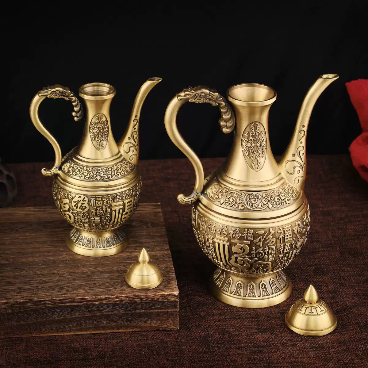 黄铜浮雕百福酒壶铜酒壶家居装饰品铜酒壶摆件黄铜高脚杯加厚新款