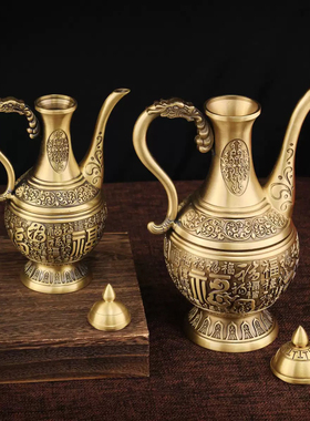 黄铜浮雕百福酒壶铜酒壶家居装饰品铜酒壶摆件黄铜高脚杯加厚新款
