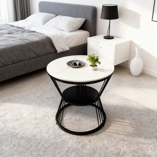 极简北欧岩板茶几圆桌家用小户型客厅现代铁艺圆形小茶几茶桌