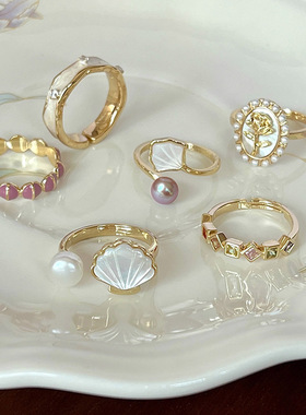 贝母复古珍珠戒指女小众设计高级感时尚个性可调节指环网红食指戒