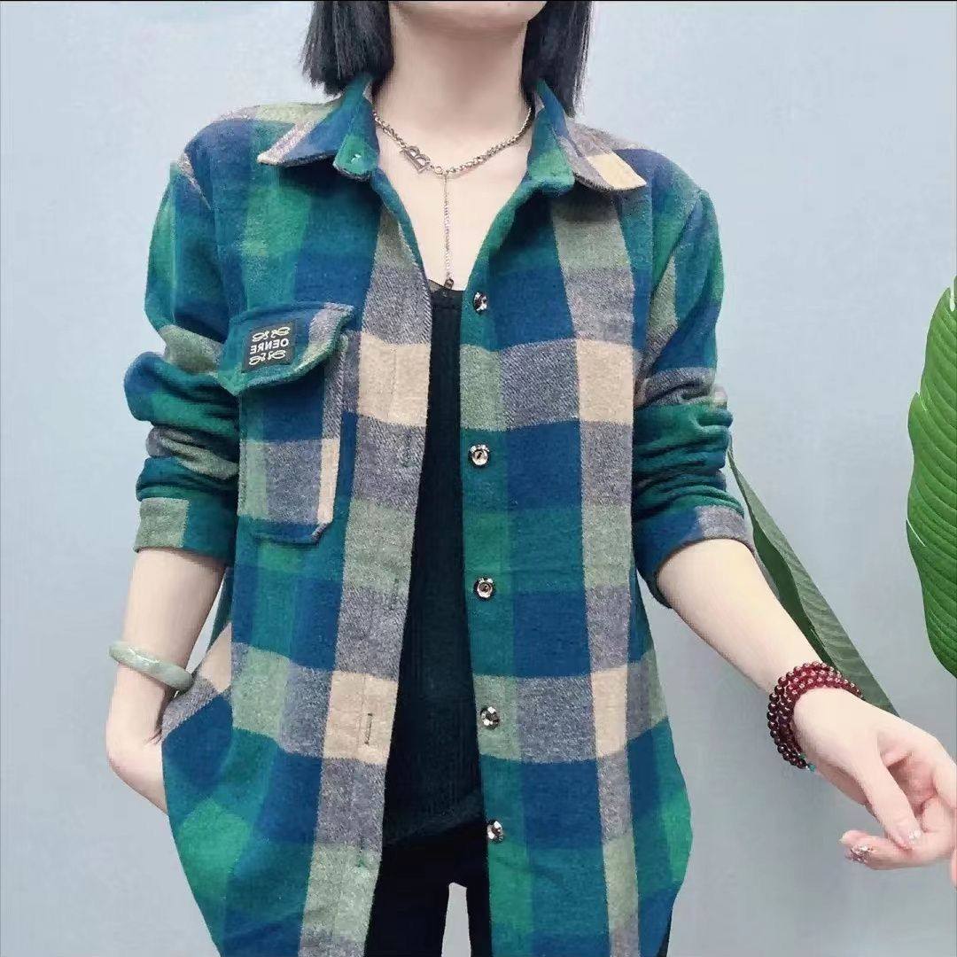 长袖女士上衣衬衣外套妈妈加厚纯棉衬衫衬衣格子磨毛春秋宽松毛呢